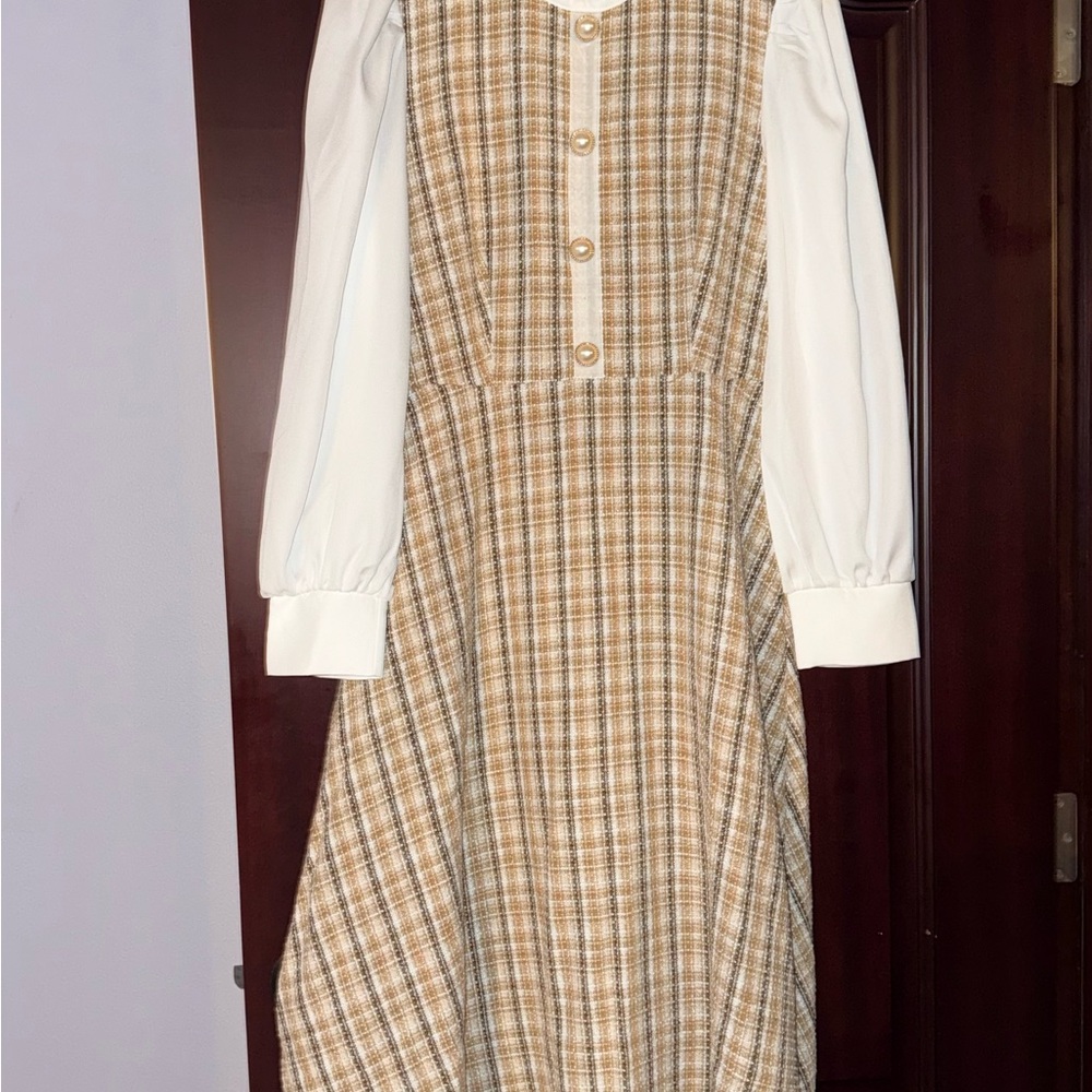 SHEIN Plaid Long Sleeve A‑Line Dress in Cream and Tan